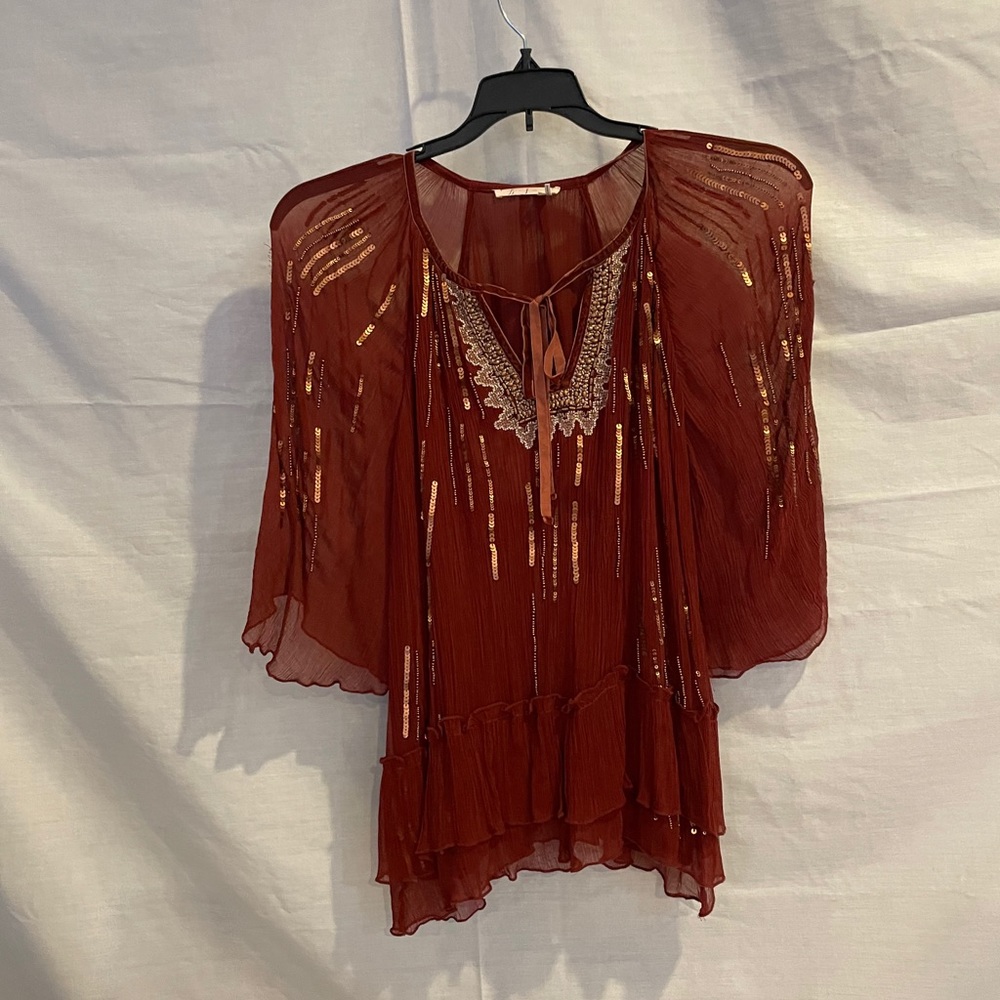 Anthropologie Rust Red Sheer Boho Sequin Embellished Blouse